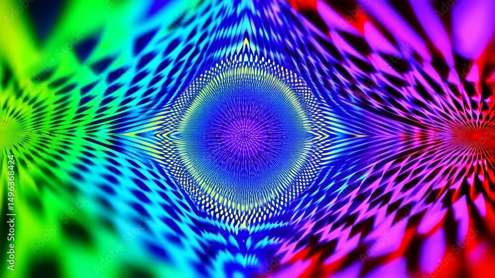 Poster abstract animated background with optical illusion in vibrant colors, geometrical shapes and a mesme