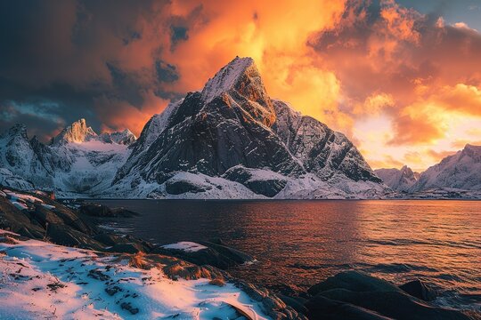 Dramatic sunset illuminates snow-capped mountains and calm waters of the fjord - Powered by Adobe