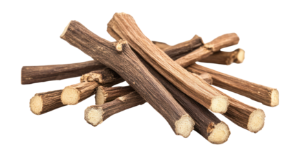 A pile of dried licorice roots isolated on a white background.