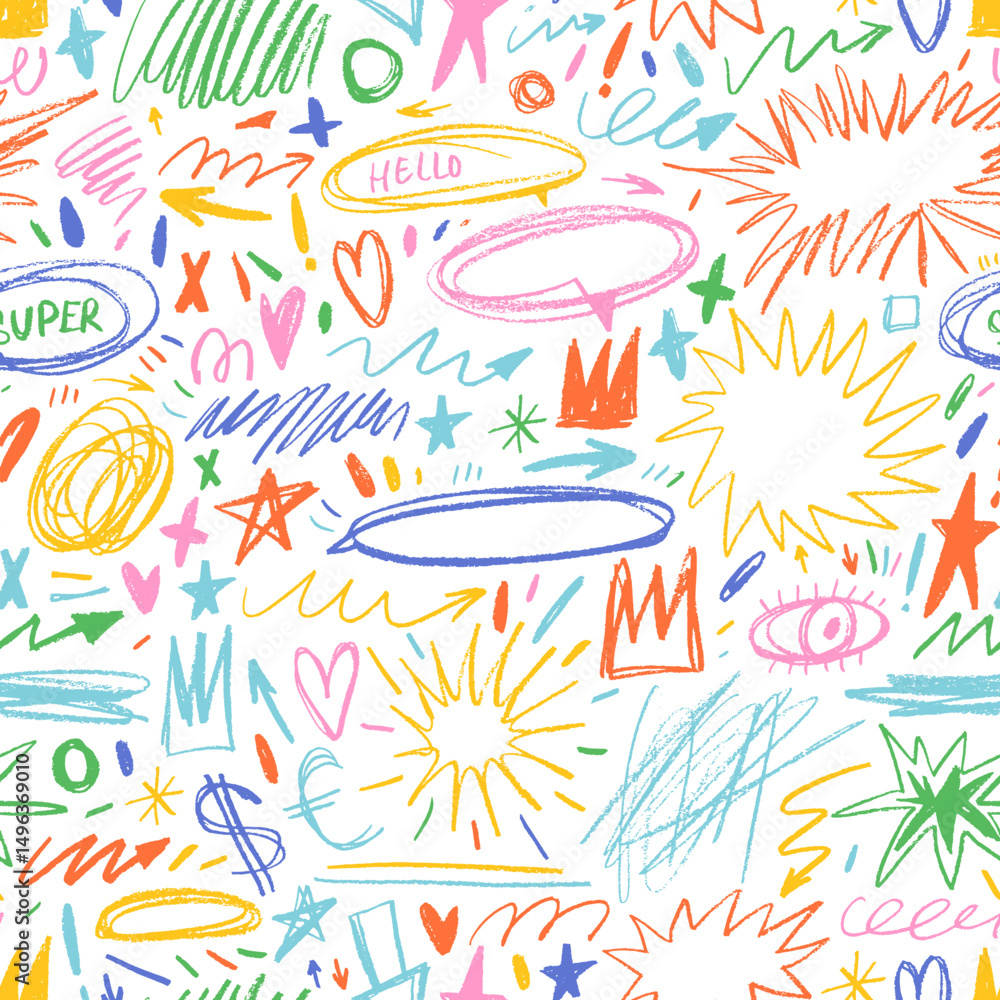 Poster colorful childish crayon drawn doodle seamless pattern. funky shapes and inky drawings. punk vector 