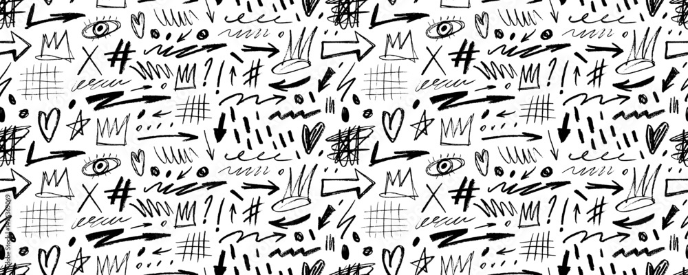 Poster Seamless pattern with crayon drawn doodle shapes, grids, arrows and crowns. Punk style seamless banner design.