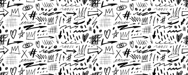 Fototapeta premium Seamless pattern with crayon drawn doodle shapes, grids, arrows and crowns. Punk style seamless banner design.