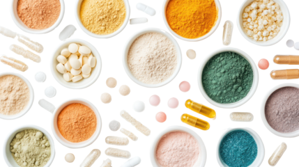 Assorted colorful powders and capsules in white bowls on white background.
