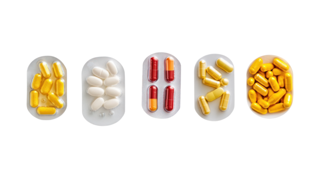 Assorted capsules and tablets of various colors on white isolated background.