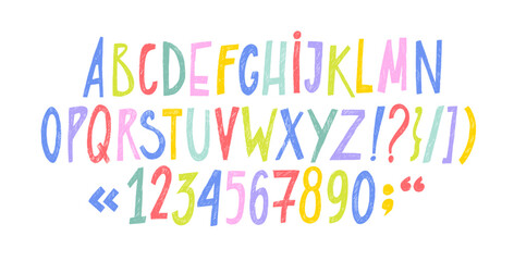 Colorful crayon drawn kids font with numbers. Vector doodle funky playful English alphabet with pencil or chalk texture. Hand drawn scribble chalk font. Kindergarten and school type design.