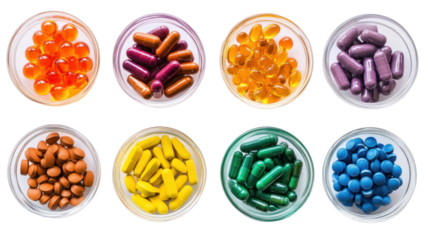 Collection of colorful capsules and pills in clear containers, isolated on white background.