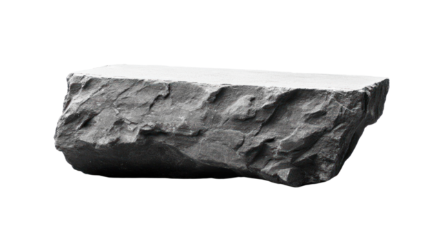 Black rock with rugged texture, isolated on white background for design or artistic purposes.