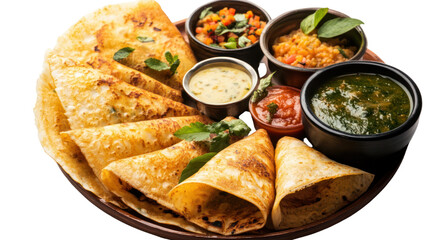 Colorful South Indian meal featuring dosa, chutneys, and sambar on a wooden platter.
