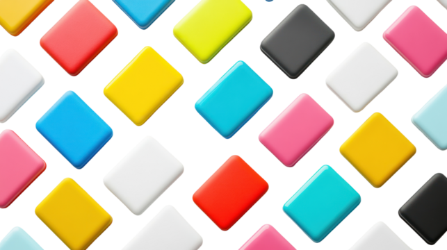 Colorful geometric shapes arranged in a vibrant pattern against a black background.