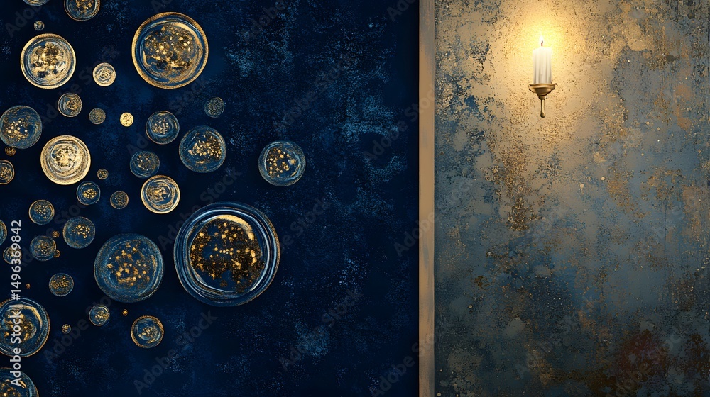 Poster golden circular objects on a deep blue surface against a textured wall.