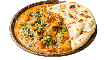 Delicious curry served with fresh naan, garnished with cilantro on a decorative plate.