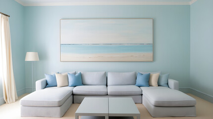 A light, pastel blue living room interior design 