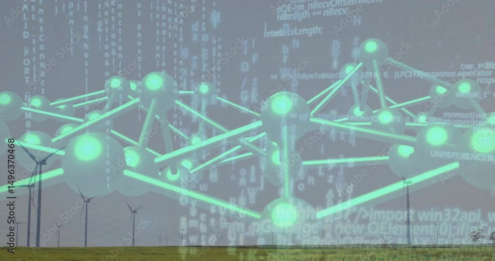Poster streaming code activating network lattice rotating above wind turbines plain visualizing data flow