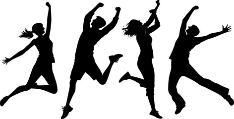 Jumping Silhouettes of Happy Teens and Adults, Energetic People in Motion Vector