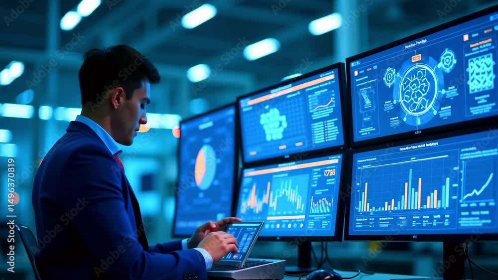 Poster professional data analyst working on multiple screens in a modern office environment at night