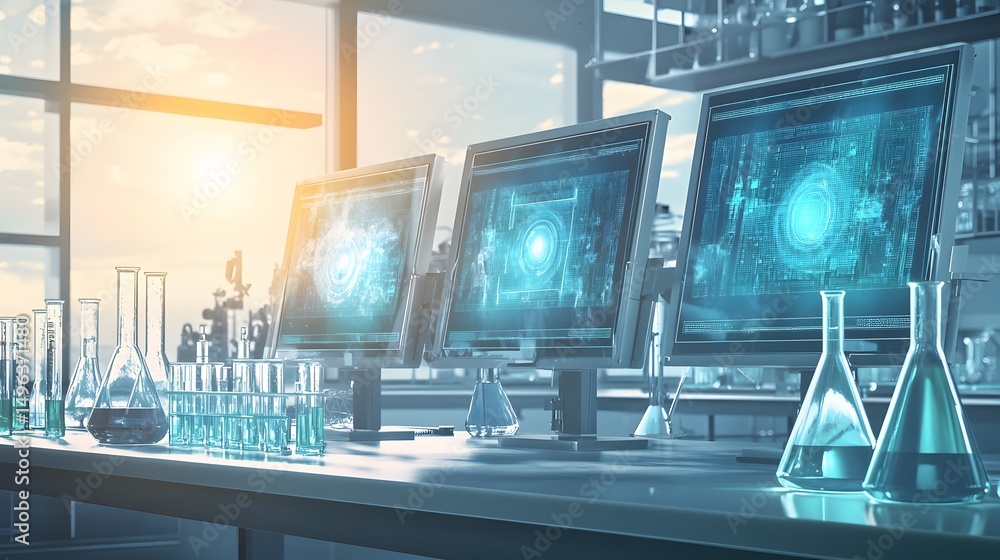 Poster modern laboratory setup with technological displays.