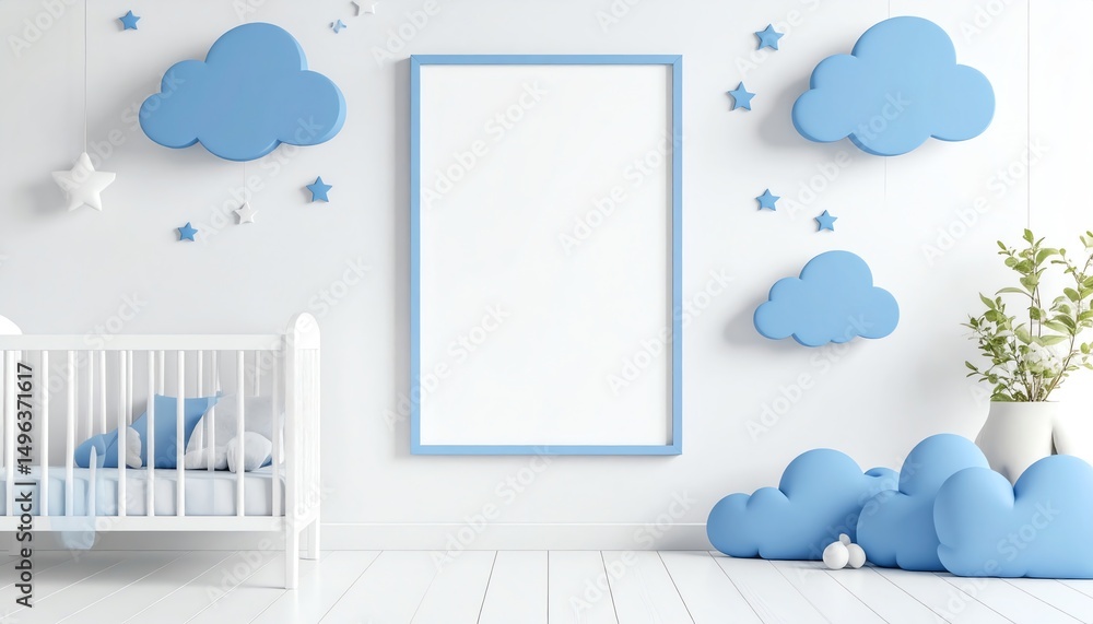 Poster a serene nursery with a blue color scheme, featuring clouds, stars, and a crib, creating a calm and 