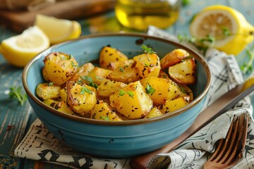 Golden roasted potatoes with herbs and lemon in a beautiful blue bowl