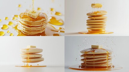 Four variations of stacked pancakes drizzled with honey and butter