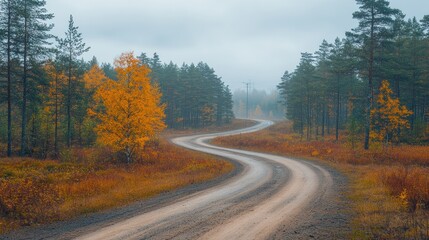 Fototapeta premium Autumnal forest road winding through misty landscape. A scenic, gravel road curves through a dense forest, highlighted by vibrant fall foliage