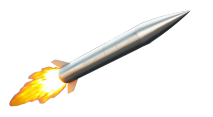Launching Rocket with Flame Trail Ascending Upward. A missile with fire trail isolated on transparent background.