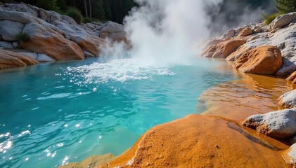Steaming geothermal hot spring water cascades over smooth, colorful rocks, creating a tranquil and vibrant scene  Perfect for travel, nature, and wellness themes ,  water,  vibrant,  hot water