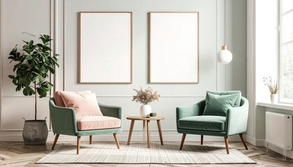 A stylish living room featuring two cozy chairs, a small table, decorative plants, and blank wall frames for art
