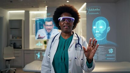 African American female doctor wearing AR glasses and viewing holographic interface with medical data while talking on video call with male colleague visible in floating screen, modern medical office - Powered by Adobe
