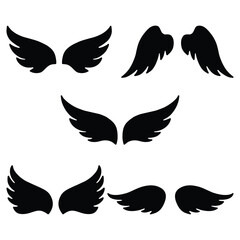 Angel and Bird Wings Silhouette Vector Set, Black Feathered Wings Clipart.