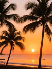 Fototapeta na wymiar Tropical sunset palm trees orange glow coastal vacation