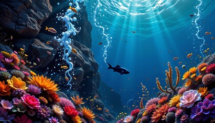 a fauvist painting of snorkeling, positioned left, matte black background