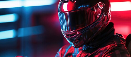 Go kart racing with driver in gear and helmet Fun extreme sport with soft light glow and copy space