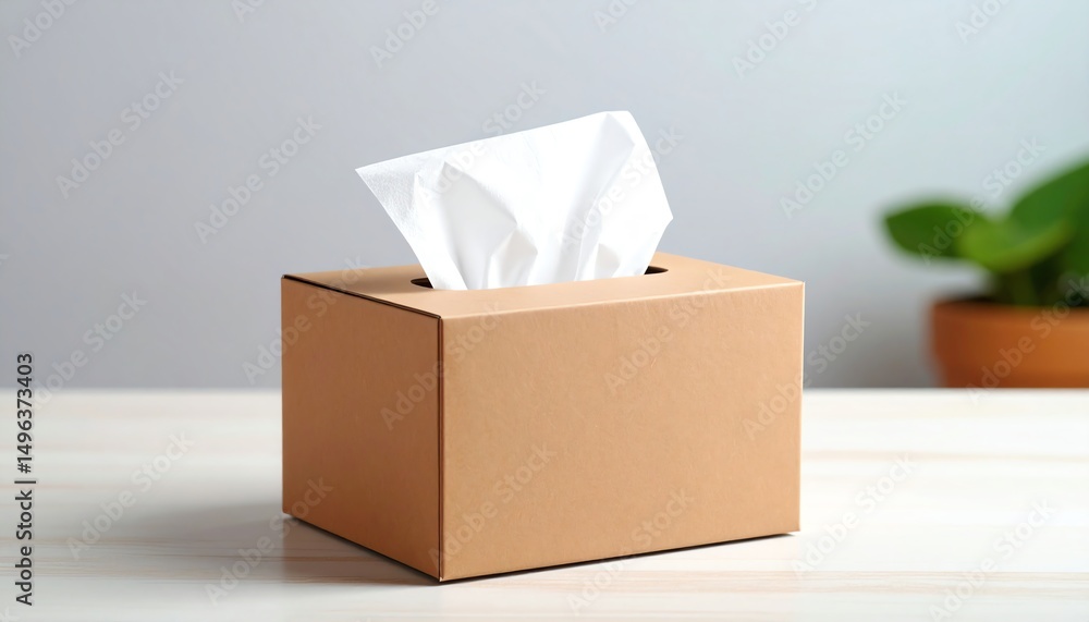 Poster a simple, elegant tissue box with white tissues protruding, set against a light background and a hin