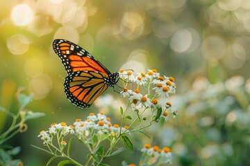 Monarch butterfly perched on wildflowers bathed in golden sunlight