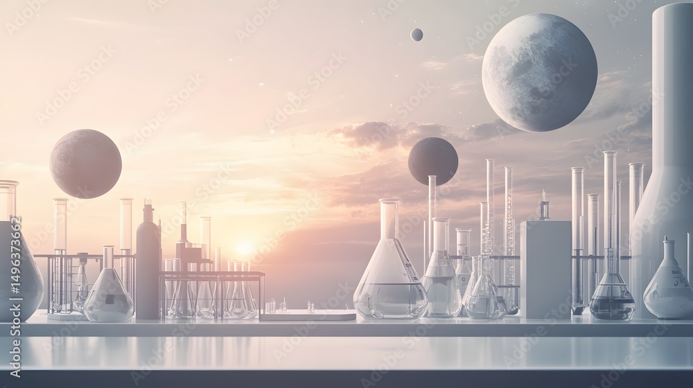 Poster futuristic laboratory setting with floating celestial bodies.