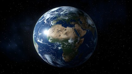 Obraz premium A detailed, realistic depiction of Earth from space, sunlit from the left, showcasing Africa and Europe prominently against a backdrop of stars