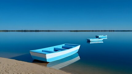 Naklejka premium Tranquil Lake Serenity: Three Boats at Rest