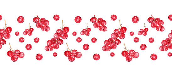 Watercolor hand-drawn seamless border with red currant berry on white background. Autumn summer or winter celebration sweet food for decor kitchen. Rim for Christmas menu or wallpaper and wrapping © NatashaKun