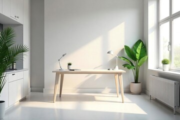 A pristine, minimalist workspace bathed in soft, natural light  Clean lines and muted tones create a calming, productive atmosphere, ideal for focus and creativity ,  peaceful,  calm