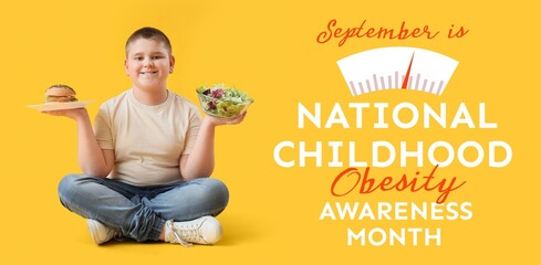 Overweight boy with burger and vegetable salad on yellow background. Banner for National Childhood...