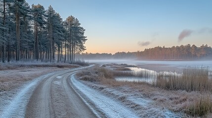 Obraz premium Frosty winter path by a misty lake