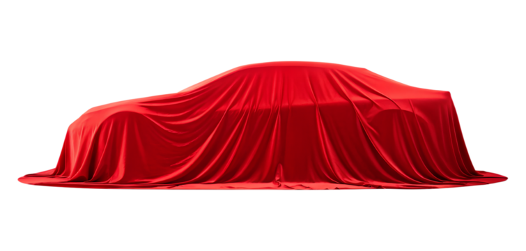 Red velvet curtain conceals new car unveiling isolated on transparent background