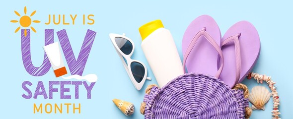 Banner for Ultraviolet Safety Month with beach accessories on light blue background