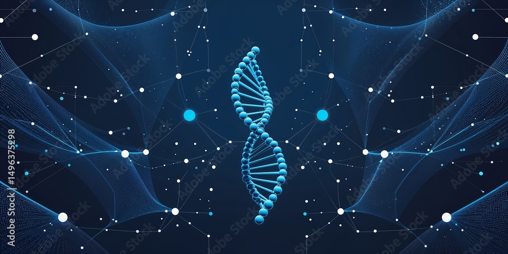 Poster exploration of genetic structures highlighted against a digital network background