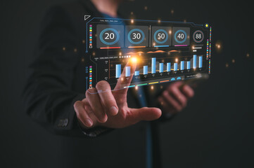 investment financial concept Business finance data analytics graph.Financial management technology.Advisor using KPI Dashboard on virtual screen, man pointing working with data charts