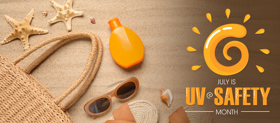 Beach accessories on sand. Banner for UV Safety Awareness Month
