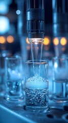 Close-up of a liquid dispensing into small, clear glasses;  blue-toned, laboratory setting
