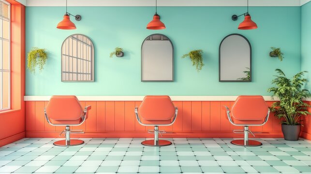 Stylish salon interior with coral chairs, teal walls, and arched mirrors.  Retro design