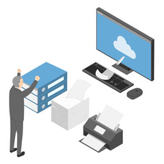 山積みの書類をPCでデータ化し喜ぶ会社員男性・アイソメトリック