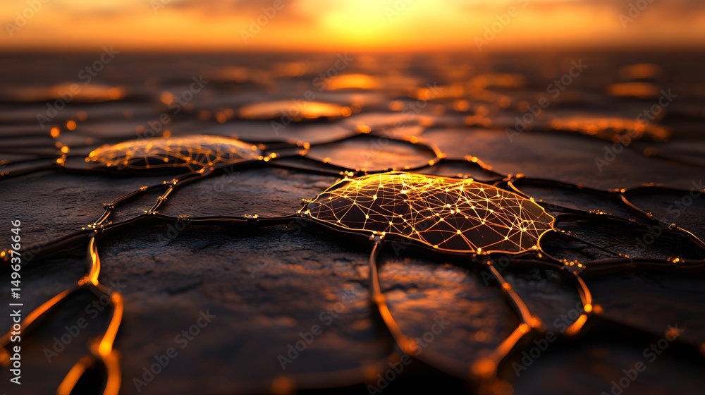 Poster abstract network design on a textured surface at sunset.